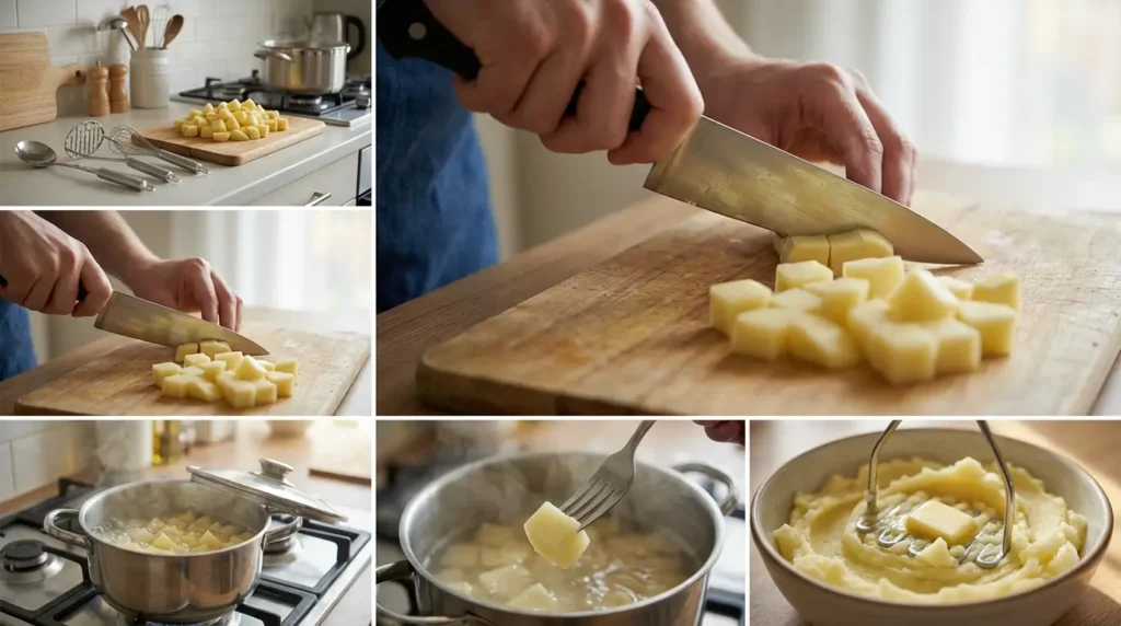 preparo de purê de batata cremoso fácil cortando cozinhando e amassando batatas