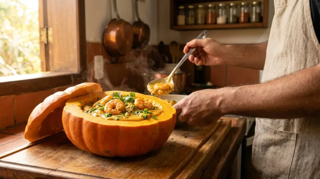 Camarão na moranga tradicional servido em cozinha brasileira rústica com ingredientes frescos