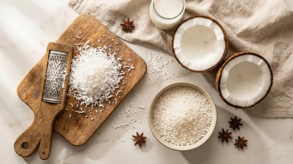 Coco fresco, leite de coco integral e tapioca granulada, ingredientes essenciais para um cuscuz de tapioca cremoso e autêntico