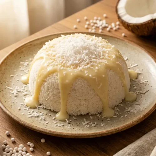 Cuscuz de tapioca com coco cremoso servido em prato rústico com coco ralado e leite condensado