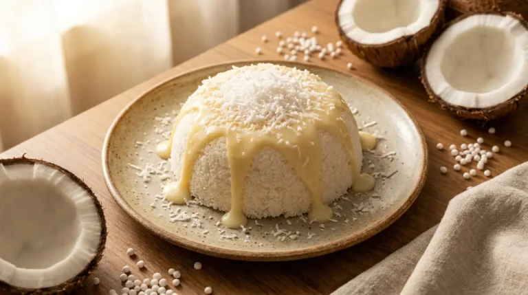 Cuscuz de tapioca com coco cremoso servido em prato rústico com coco ralado e leite condensado