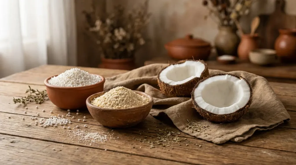 Tapioca granulada e farinha de mandioca em tigelas rústicas com coco fresco, ingredientes tradicionais da culinária nordestina