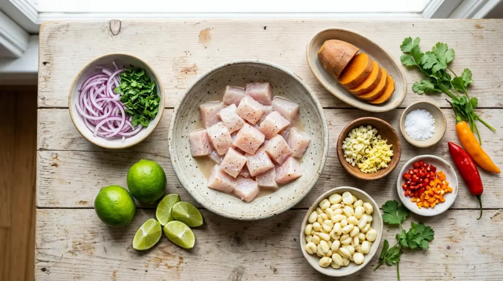 Ingredientes do ceviche peruano receita original simples com peixe branco, limão, cebola roxa, coentro, pimenta, milho e batata-doce.