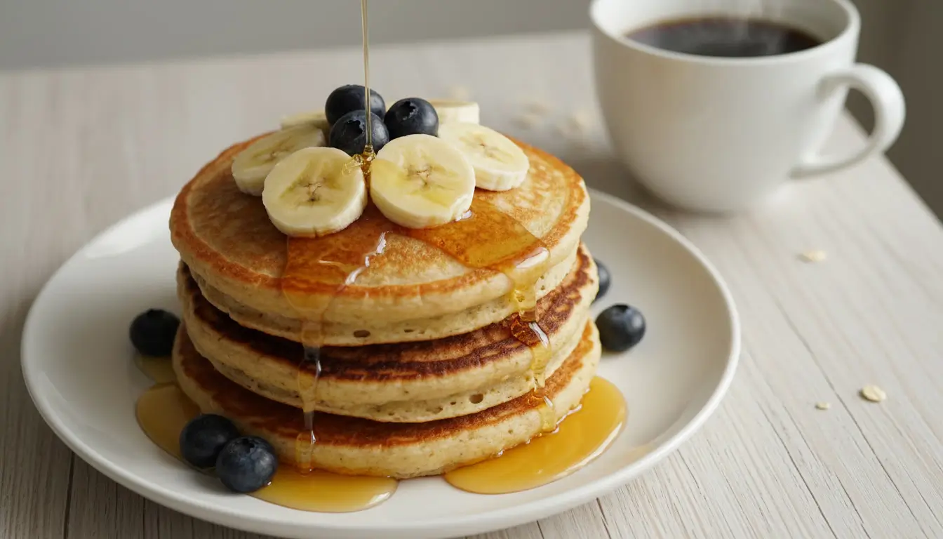 Panqueca de Banana com Aveia em 10 Minutos Panqueca de banana com aveia fofinha servida em prato branco com rodelas de banana, mirtilos frescos e calda de mel