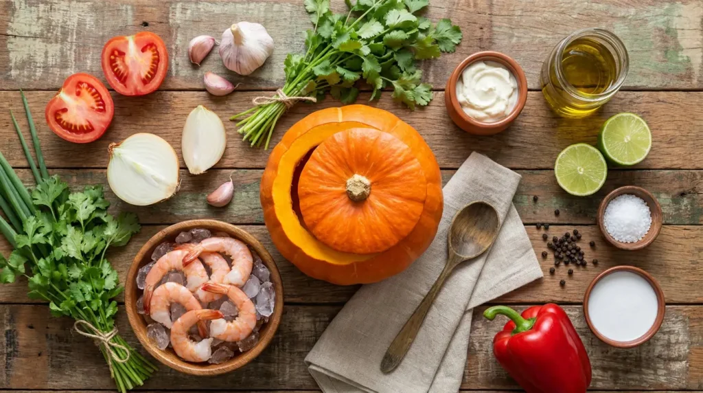 Ingredientes frescos para a receita de camarão na moranga: camarão rosa, abóbora, requeijão e temperos