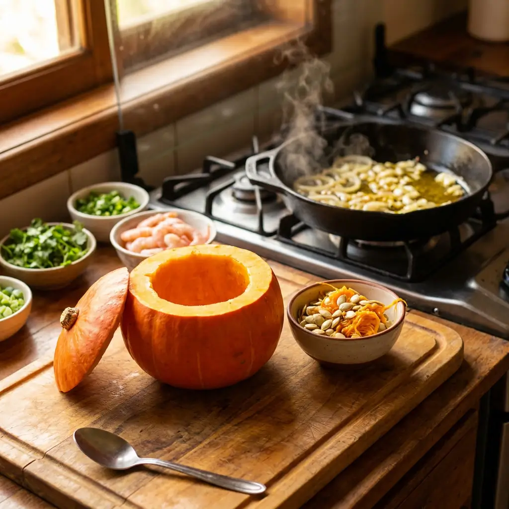 Preparando a moranga vazia para a receita brasileira de camarão na moranga em cozinha rústica