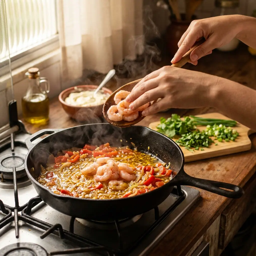 Preparando o recheio cremoso de camarão para a receita tradicional brasileira de camarão na moranga
