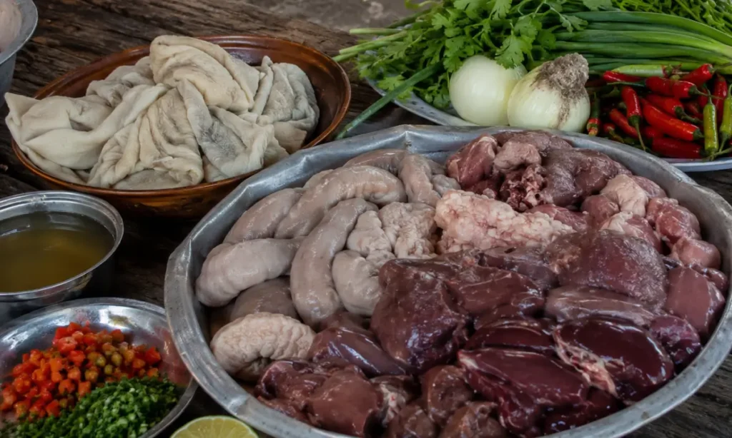 seleção de ingredientes frescos para buchada de bode tradicional nordestina com vísceras de bode e temperos naturais