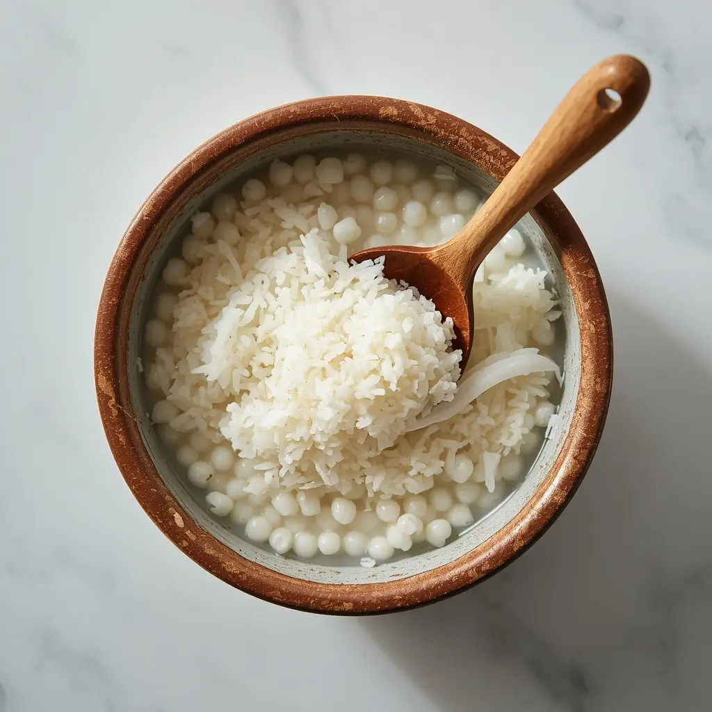 Despejando leite de coco morno sobre a tapioca granulada