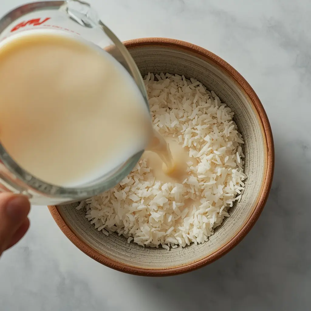 Mistura de tapioca granulada e coco ralado em tigela rústica