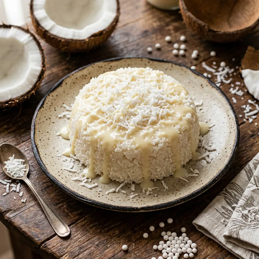 Cuscuz de tapioca finalizado com coco ralado e leite condensado