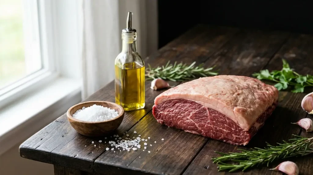 Ingredientes da picanha na frigideira com peça de carne crua, sal grosso em tigela de madeira e azeite de oliva