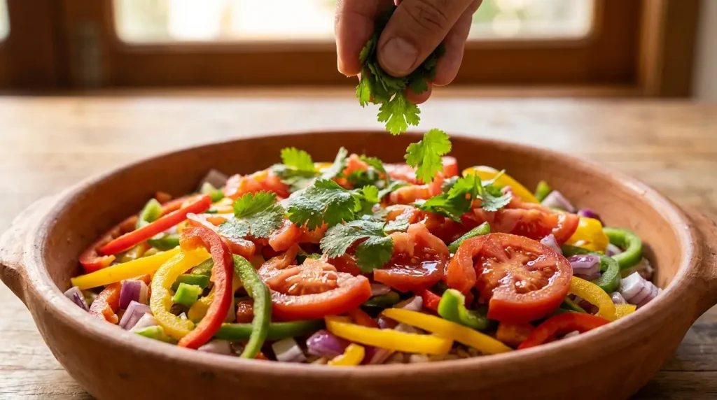 Ingredientes frescos picados como pimentões coloridos, tomates e coentro sendo salpicado manualmente em uma travessa de barro.