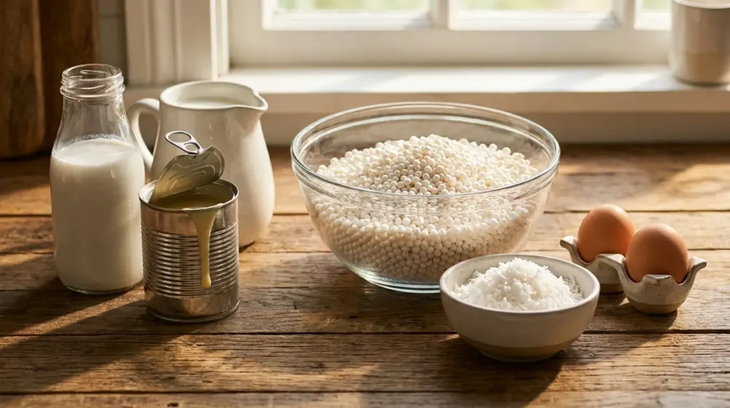 Ingredientes do pudim de tapioca dispostos em potes de vidro e cerâmica em uma cozinha rústica.