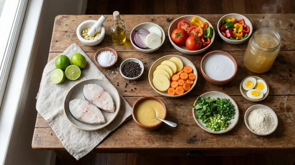 Ingredientes da Peixada Cearense com leite de coco organizados sobre mesa rústica, com peixe em postas, legumes, ovos, leite de coco e farinha de mandioca.