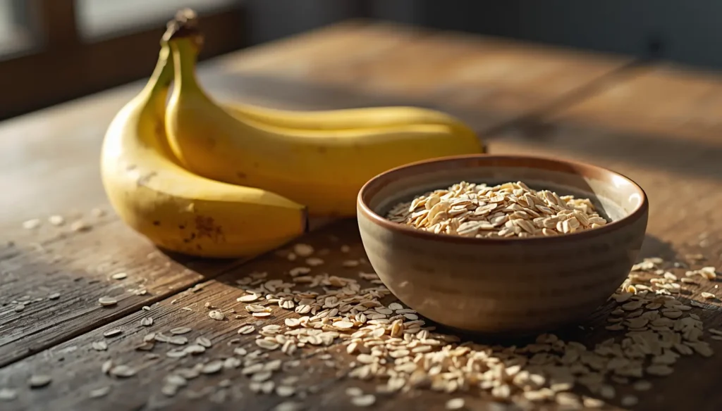 Ripe bananas and rolled oats on a wooden table, highlighting the natural ingredients and nutritional benefits of a healthy breakfast