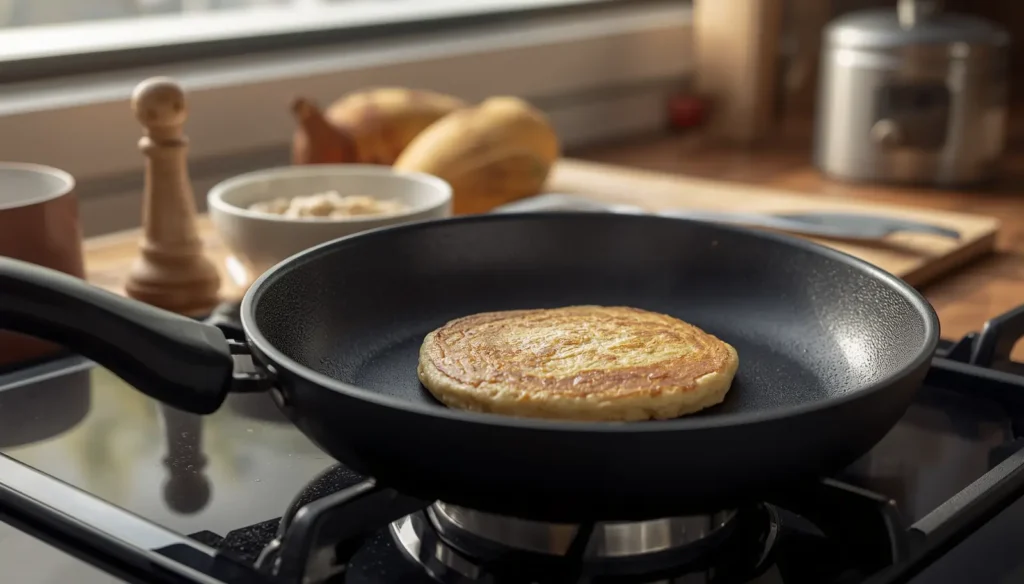 Banana oat pancake cooking in a non-stick frying pan on a stovetop, illustrating the importance of proper cookware for even cooking.