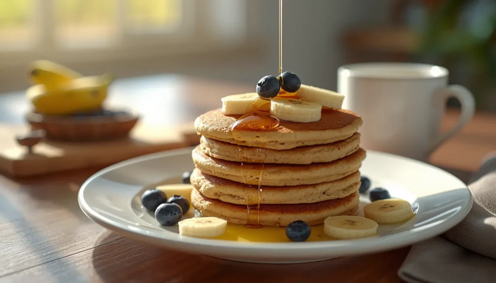 Banana oat pancakes topped with banana slices, blueberries, and honey, served with coffee in a cozy breakfast setting.