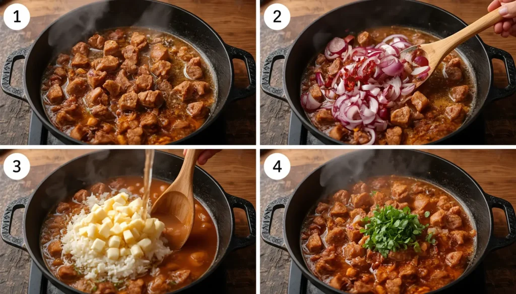 Preparo do Baião de Dois tradicional em quatro etapas, com carne de sol, cebola roxa, arroz, queijo coalho e coentro em panela de ferro.
