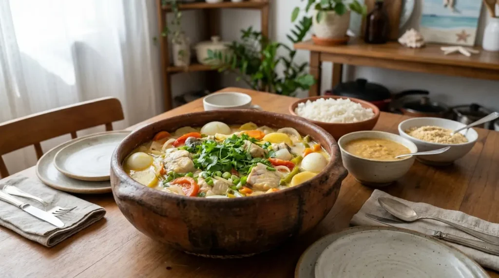 Peixada Cearense com leite de coco servida em panela de barro com arroz branco, pirão, legumes, ovos cozidos e cheiro-verde.