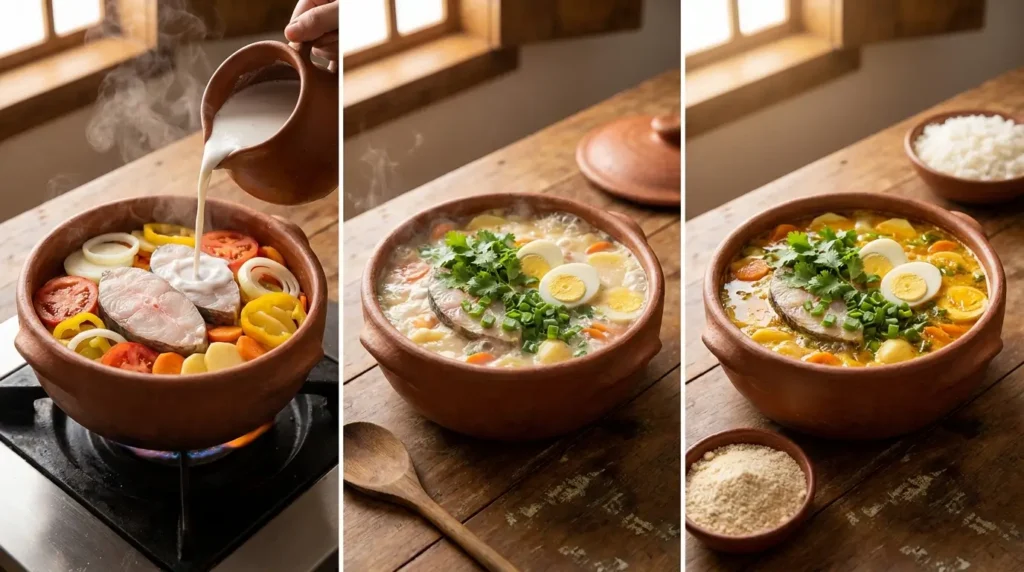 Peixada Cearense com leite de coco sendo preparada em panela de barro com peixe em postas, legumes, ovos cozidos e caldo cremoso.