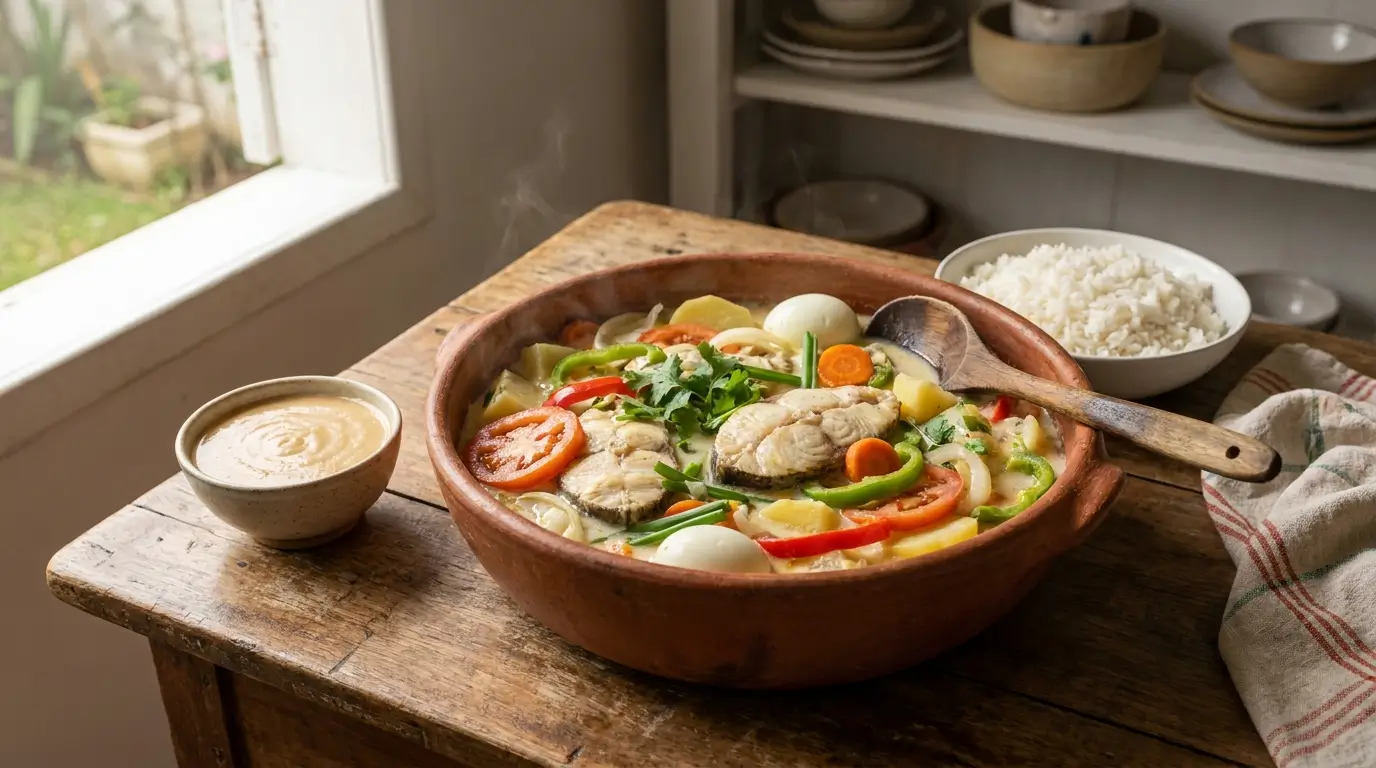 Peixada Cearense com leite de coco servida em panela de barro, acompanhada de pirão cremoso e arroz branco.