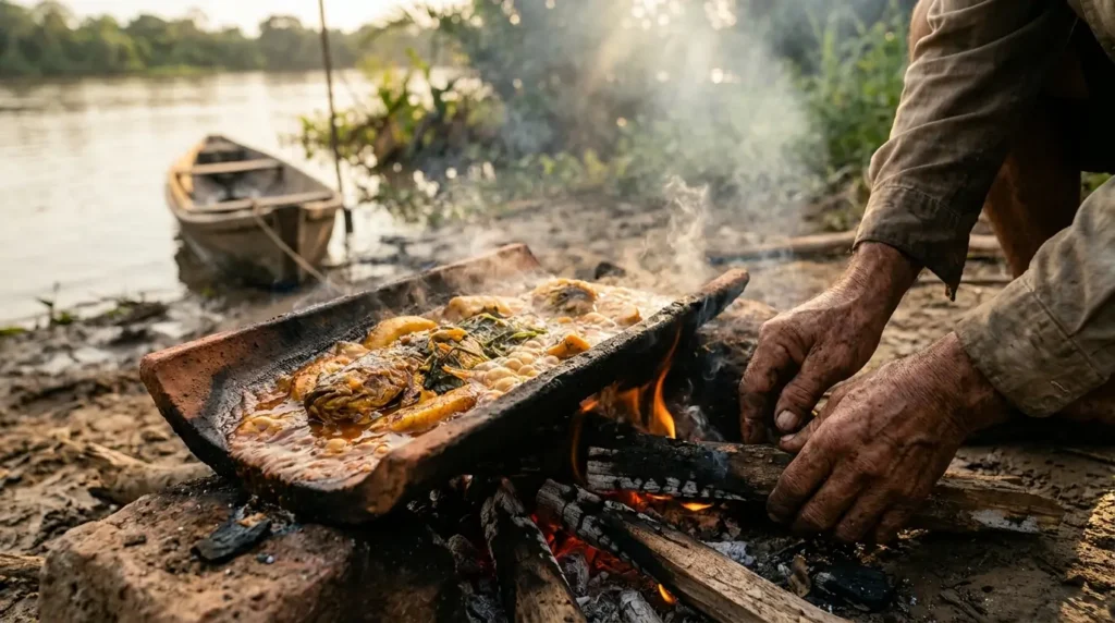 Preparo tradicional de peixe na telha com banana em fogo de chão na beira do rio com as mãos de um pescador ribeirinho