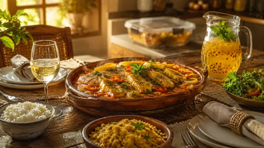 Mesa posta com peixe na telha com banana, arroz branco, farofa, salada de folhas e jarra de suco de maracujá.