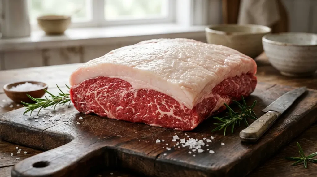 Peça de picanha crua com capa de gordura uniforme sobre uma tábua de madeira com sal grosso.