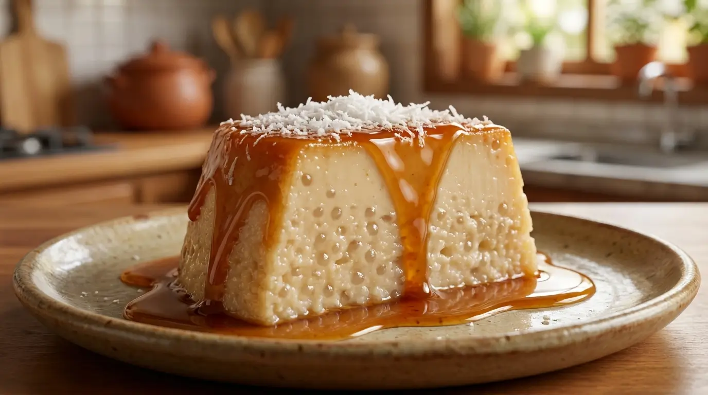 Pudim de tapioca nordestino cremoso com calda de caramelo e coco ralado