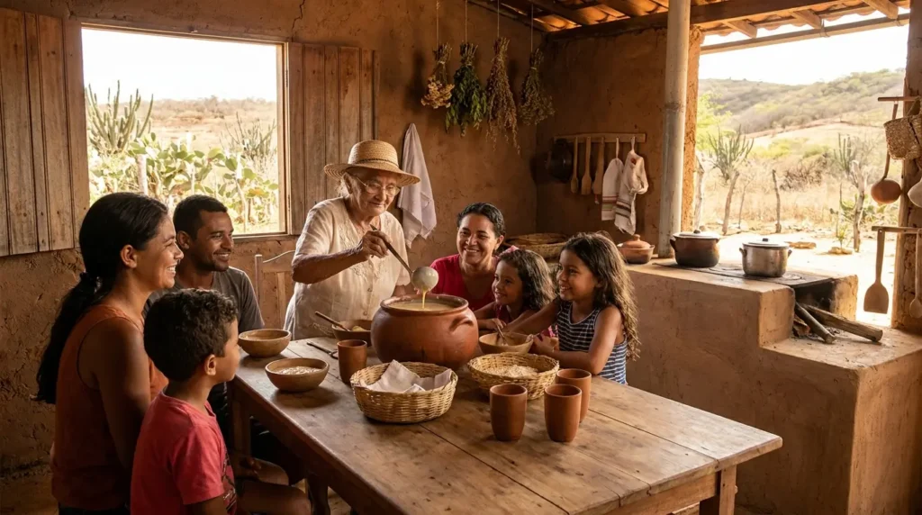 Cena cultural nordestina mostrando o rubacão paraibano servido em uma cozinha rústica da Paraíba, com clima familiar e tradicional.