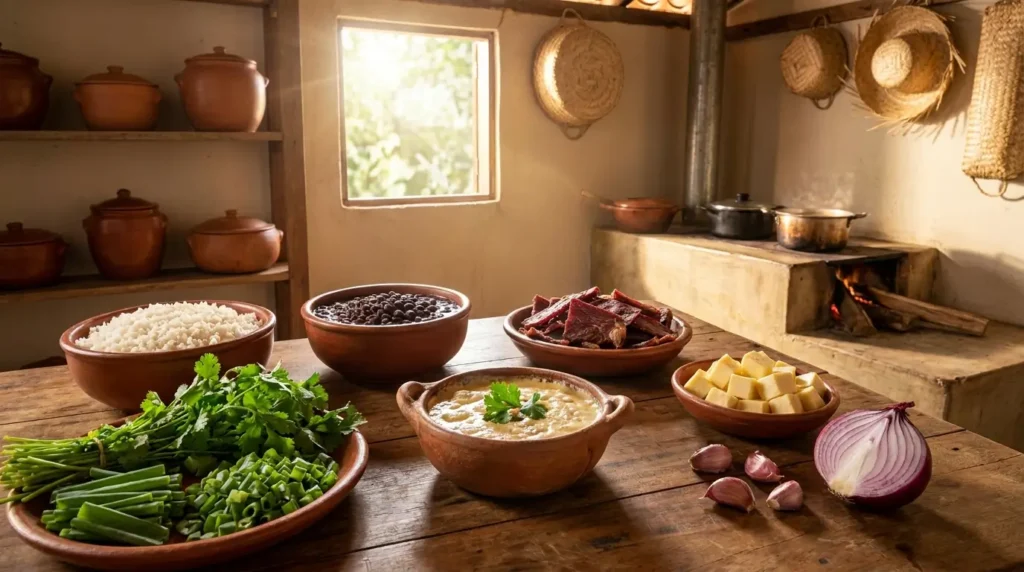 Ingredientes tradicionais do rubacão paraibano em cozinha rústica nordestina com arroz, feijão, carne de sol, queijo coalho e temperos frescos.