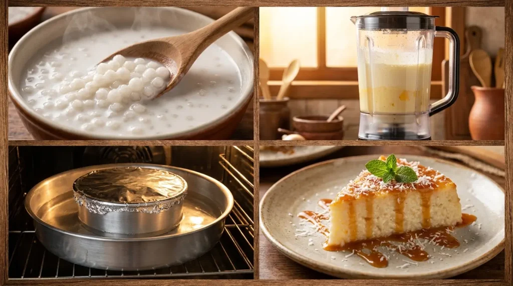 Infográfico passo a passo do preparo do pudim de tapioca nordestino, mostrando a hidratação dos grãos, batendo no liquidificador, assando em banho-maria e o resultado final.