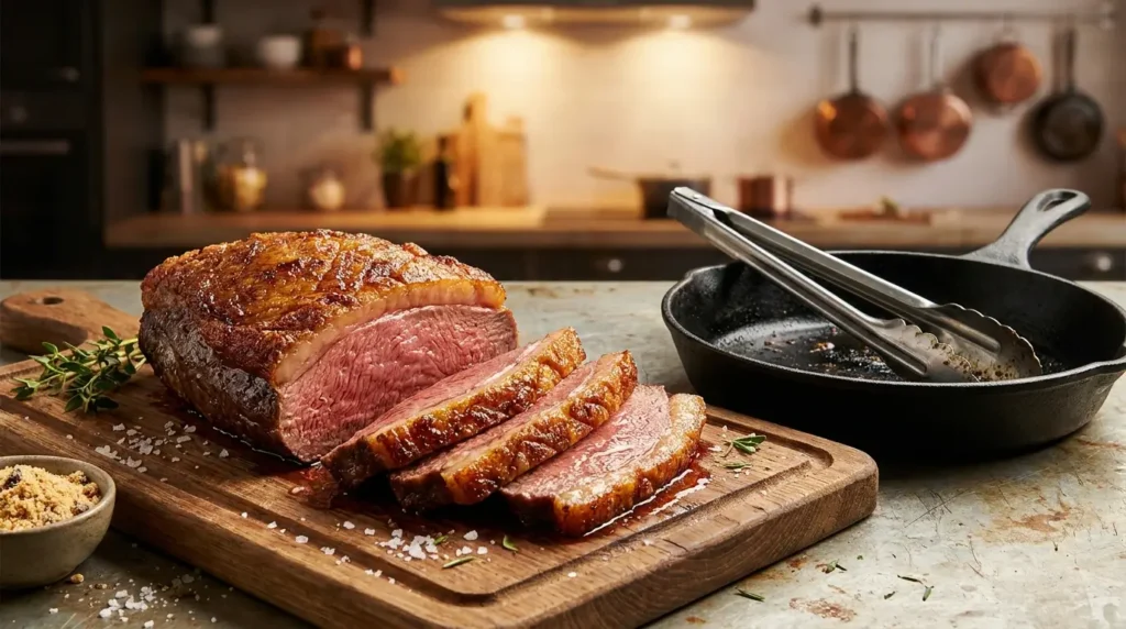 Picanha suculenta fatiada com capa de gordura dourada ao lado de frigideira de ferro fundido e pinça de metal.
