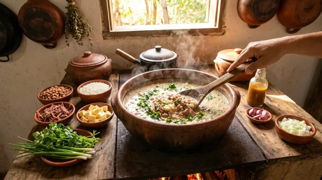 Preparo do rubacão paraibano em panela rústica com arroz, feijão-de-corda, carne de sol, queijo coalho e temperos frescos.