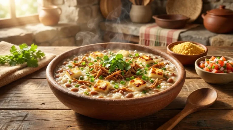 Rubacão paraibano cremoso servido em tigela de barro com carne de sol, feijão-de-corda, queijo coalho e coentro.