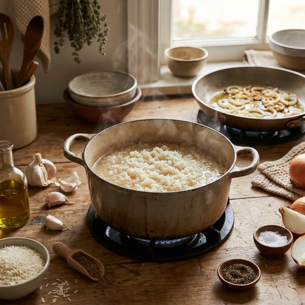 Preparo do arroz com lentilha árabe com lentilhas cozinhando e cebolas caramelizando separadamente.