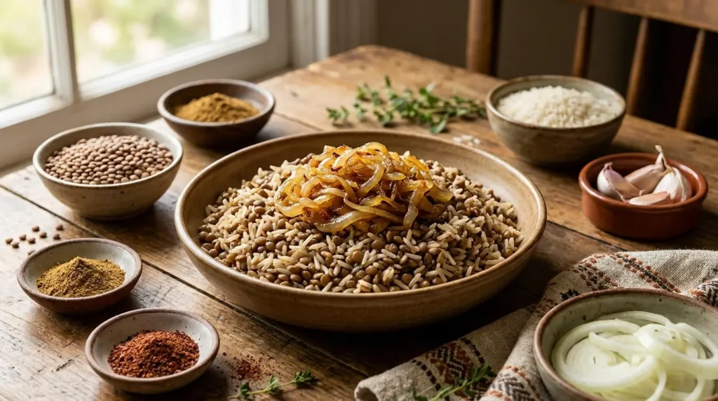 Arroz com lentilha árabe mujaddara com cebola dourada, lentilha, arroz, alho e especiarias tradicionais.