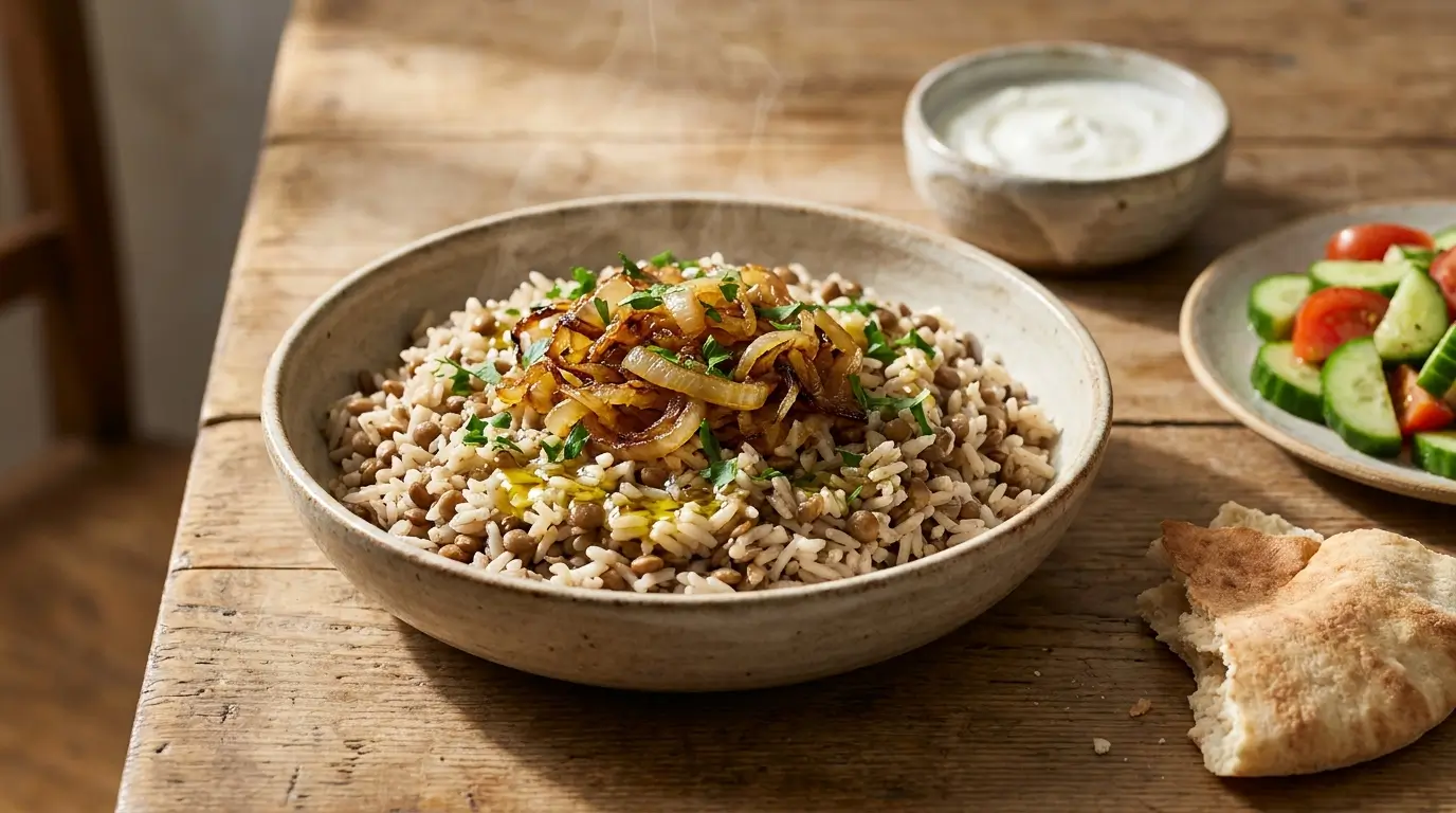 Arroz com lentilha árabe mujaddara servido com cebola caramelizada, iogurte, salada fresca e pão sírio.