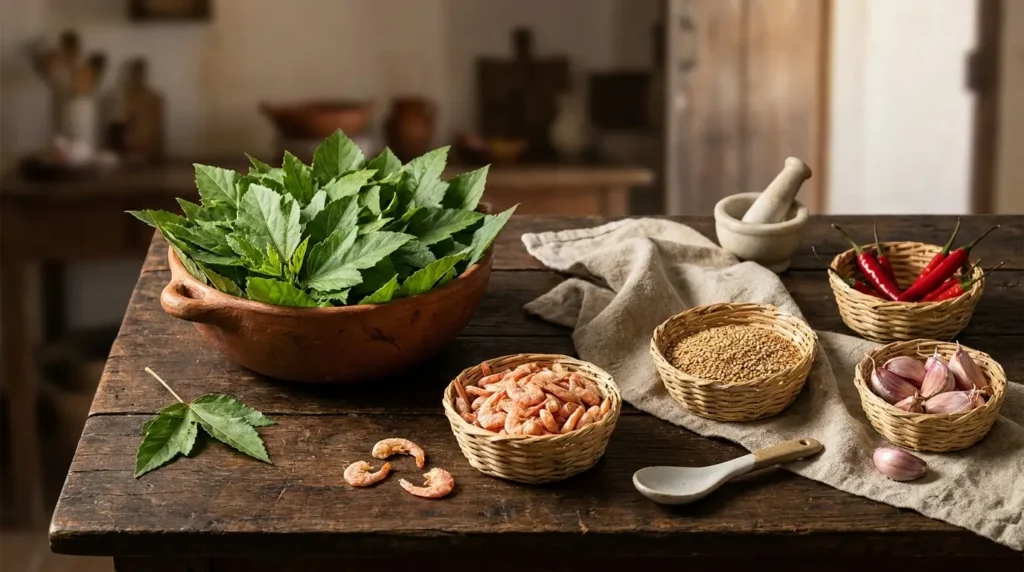 Ingredientes tradicionais do arroz de cuxá maranhense com folhas frescas de vinagreira, camarão seco, gergelim e pimentas sobre mesa de madeira Rústica.