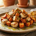 Frango com Batata-Doce em 20 Minutos Frango com Batata-Doce servido em prato rústico com cubos dourados de batata-doce, pedaços de frango grelhado, ervas frescas e limão.