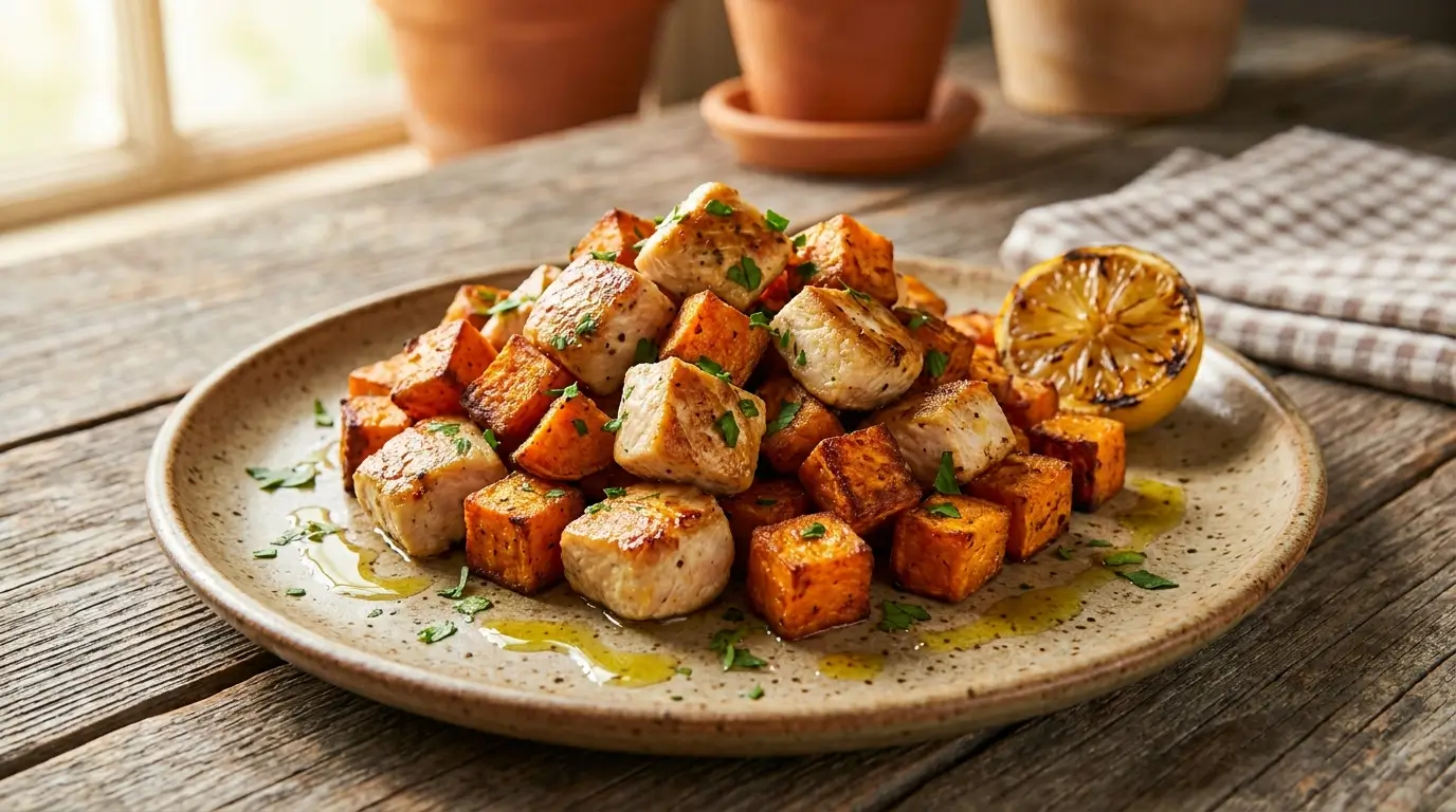 Frango com Batata-Doce servido em prato rústico com cubos dourados de batata-doce, pedaços de frango grelhado, ervas frescas e limão.