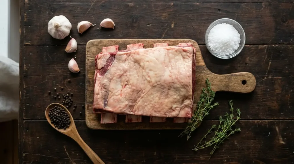 costela bovina assada no bafo Ingredientes para costela bovina no bafo: peça de carne fresca, alho, sal grosso e pimenta-do-reino sobre tábua de madeira.