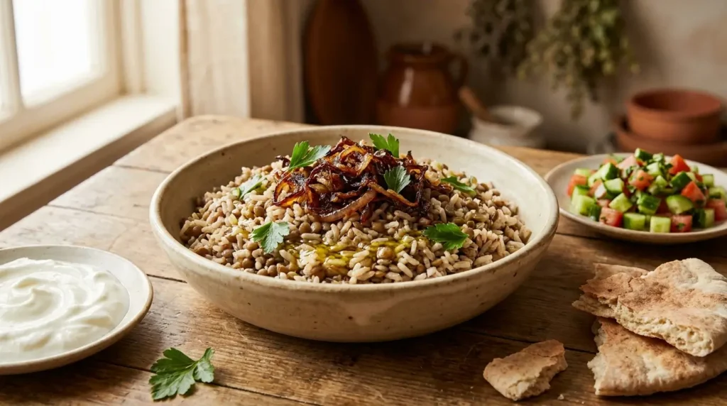 Arroz com lentilha árabe mujaddara servido com cebola caramelizada, salsa fresca, iogurte e pão sírio.