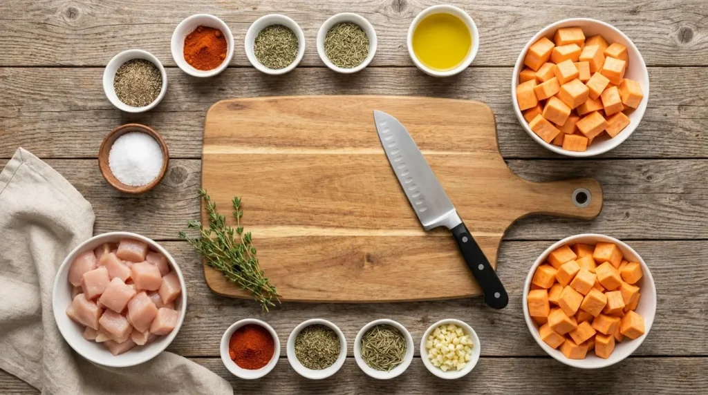 Ingredientes organizados para preparar Frango com Batata-Doce em 20 minutos, com frango em cubos, batata-doce, temperos e frigideira.