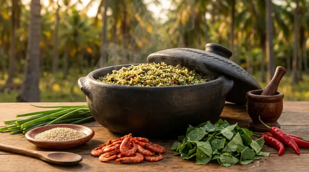 Arroz de cuxá tradicional servido em panela de barro, com vinagreira, camarão seco, gergelim e pimentas sobre mesa rústica.