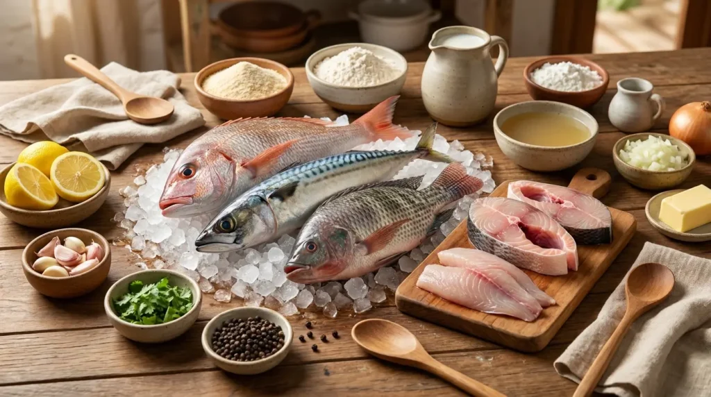 Como escolher o peixe ideal para fritar Peixes frescos inteiros e em filés sobre gelo, acompanhados de limão, alho, coentro, leite, farinha de mandioca e temperos.