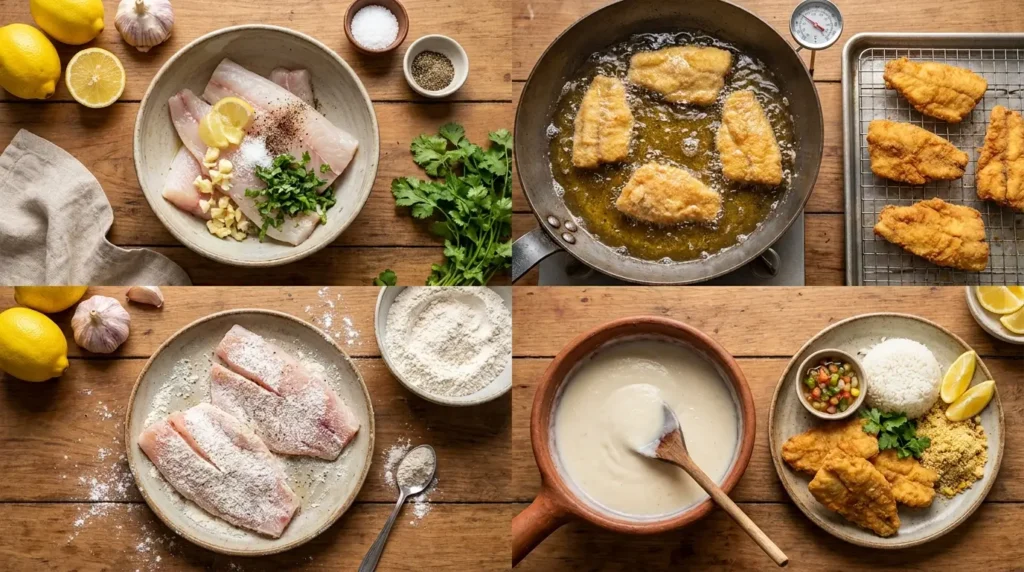 Etapas do preparo de peixe frito com pirão de leite, desde o tempero e empanamento até a fritura e o prato final com arroz, vinagrete e farofa.