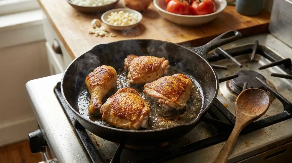 Pedaços de frango caipira sendo dourados antes do preparo do ensopado