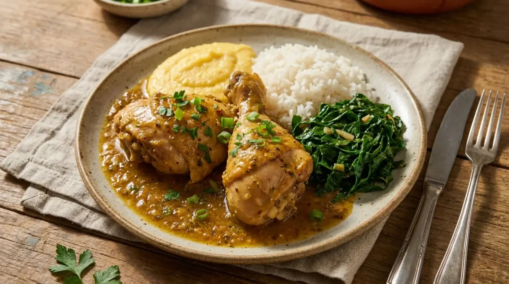 Frango caipira ensopado servido com arroz branco, angu e couve refogada